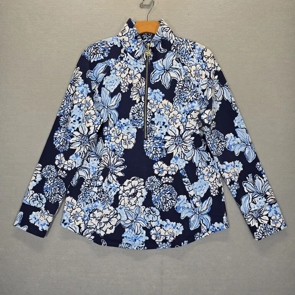 Lilly Pulitzer UPF 50 Skipper Popover Low Tide Navy Bouquet All Day Medium - Picture 3 of 13